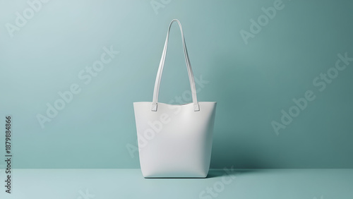 A white tote bag with long straps on a teal background