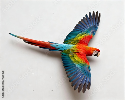 Flying macaw with extended tail