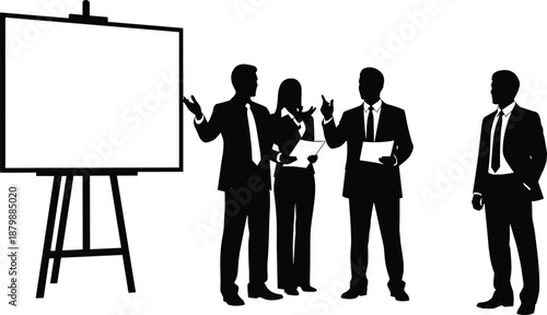 Business meeting silhouette illustration showing corporate team discussion with presentation board, professional people for strategy, management, leadership, office concepts design