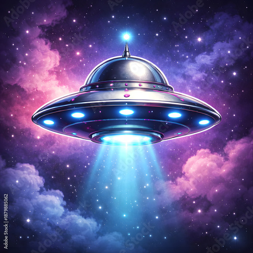 Purple flying saucer with glowing lights in space