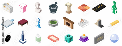 Isometric 3D collection of diverse household items, decorative art objects, architectural elements, and abstract symbols, isolated on white background.