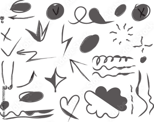 Collection of abstract shapes and symbols in black and white