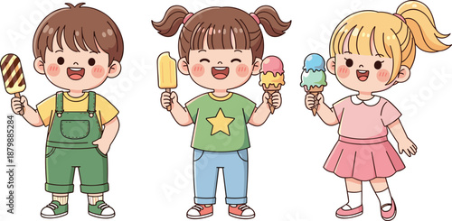 cute, kids, eating, ice cream, cartoon, illustration, children, summer, dessert, happy, smiling, colorful, sweet, fun, childhood, snack, adorable, playful, design, vector