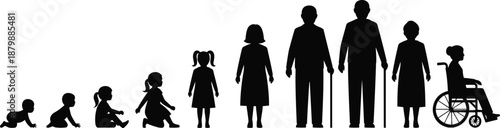 human, life, stages, silhouettes, growth, aging, childhood, adulthood, elderly, generation, family, development, timeline, people, evolution, black, isolated, concept, society, vector