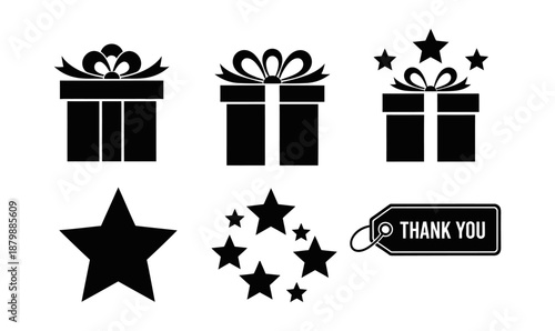 Black and white gift boxes with stars and a thank you tag for holiday celebration branding and birthday party or customer appreciation and surprise present greeting designs