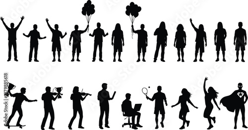 people, silhouettes, activities, lifestyle, celebration, hobbies, professions, action, human, figures, diversity, movement, sport, music, work, leisure, black, isolated, concept, vector