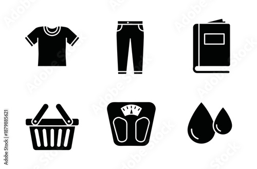 Set of black and white icons including a t-shirt and pants plus notebook and shopping basket for retail branding and lifestyle or daily routine and office supply designs