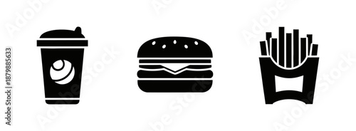 Black and white silhouettes of a coffee cup and burger plus fries for fast food restaurant branding and snack bar or cafe menu and quick meal catering service designs