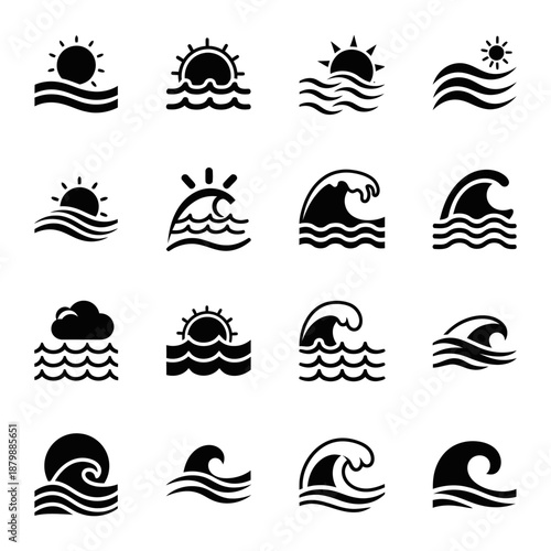 Canvas Print Set of twelve black and white sun and wave icons for summer vacation branding an