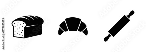 Black silhouettes of a bread loaf and croissant plus a rolling pin for bakery shop branding and homemade cooking or pastry restaurant and fresh flour food product designs