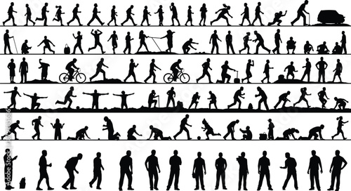 people, silhouettes, walking, running, activities, lifestyle, motion, human, figures, daily, life, crowd, action, movement, black, isolated, set, concept, design, vector