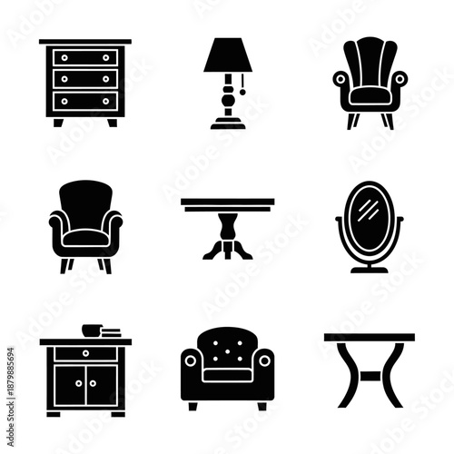Collection of black furniture silhouettes for home interior design branding and apartment floor planning or house decor and modern living room and furniture store advertising projects
