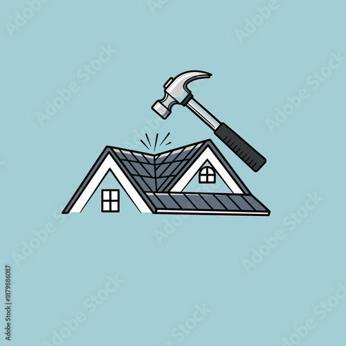 Hammering roof with a large hammer on a house with multiple triangular sections