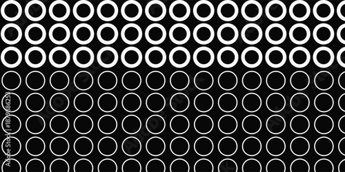 Halftone circles raster seamless pattern. Abstract geometric texture with different sized rings. Stylish monochrome background, gradient transition effect