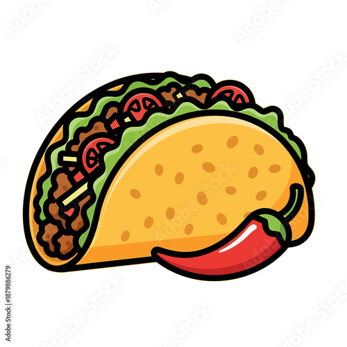 A vibrant illustration of a taco with chili pepper, lettuce, and tomato, viewed from the side