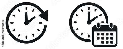 Line art time and schedule icons set featuring a clock with a refresh arrow and a clock with a calendar for planning and deadlines