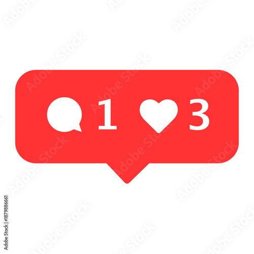 Social media notification icon displaying one new comment and three likes, symbolizing online engagement and popular content on a platform and digital community