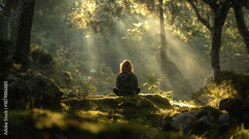 Woman meditating in peaceful forest with sunlight rays at dawn