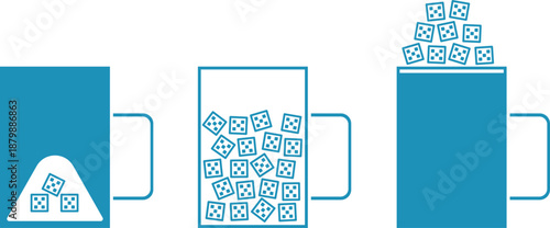 Cups with sugar cubes, sweets and food, full mug with sugar, vector tableware icons