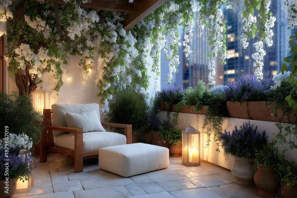 Fototapeta premium City balcony with comfortable seating area potted plants and cascading white tree blossom at dusk, luxury apartment terrace outdoor living space with warm lighting and urban view.