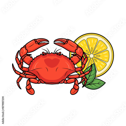 Red crab illustration with lemon slice and leaves on transparent background vector graphic