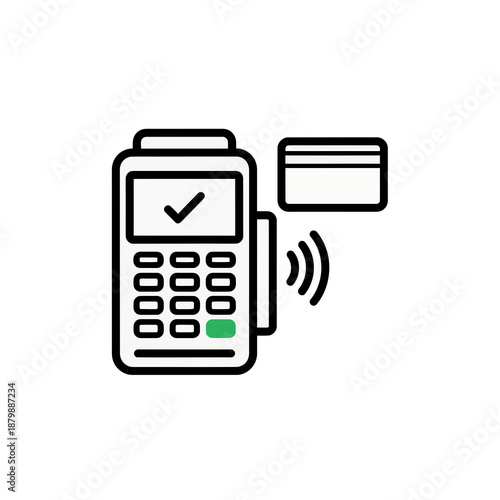 Vector illustration of a card payment terminal with a credit card hovering above, ready for wireless transaction.