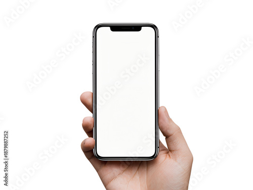 Realistic Hand Holding Modern Smartphone with Blank White Screen Isolated on Transparent Background