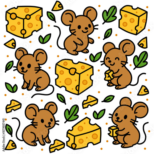 Cheerful Cartoon Mouse with Cheese Flat Design Pattern Illustration