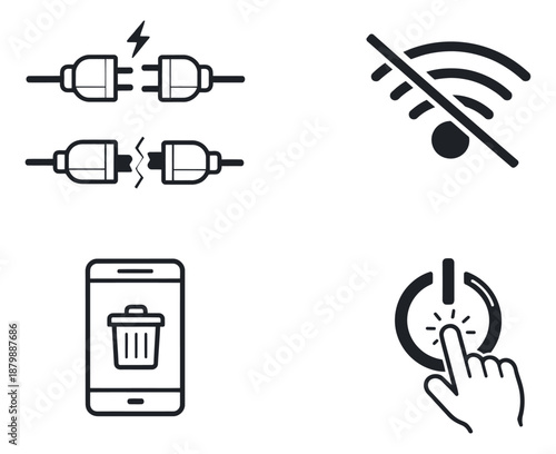 Technical line art icon set featuring connection, network, delete, and power symbols for interface design