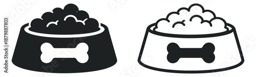 Graphic dog food bowl icon set featuring solid and outline versions for pet care and animal nutrition concepts