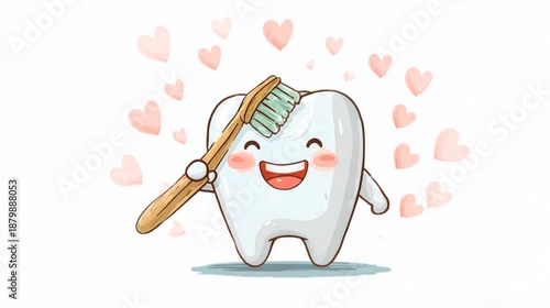 White cartoon Tooth with toothbrush, dental character or mascot,Oral health and dental inspection teeth, 3d rendering.