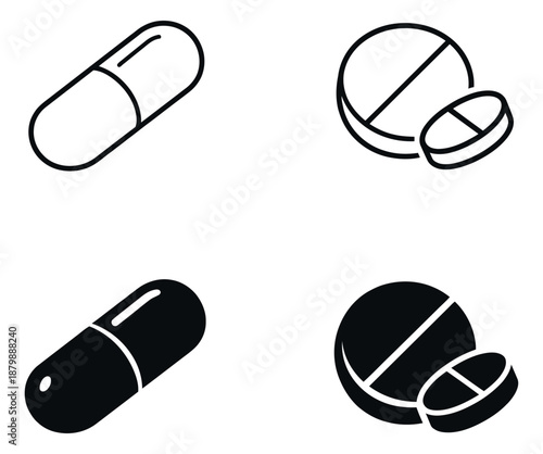 Line art and silhouette pharmaceutical icons set featuring capsules and pills for healthcare and medicine