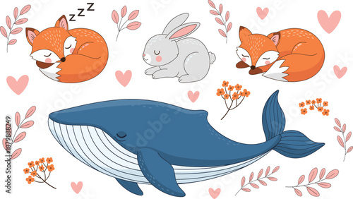 Cute woodland and ocean animals set with sleeping fox rabbit whale hearts flat vector illustration