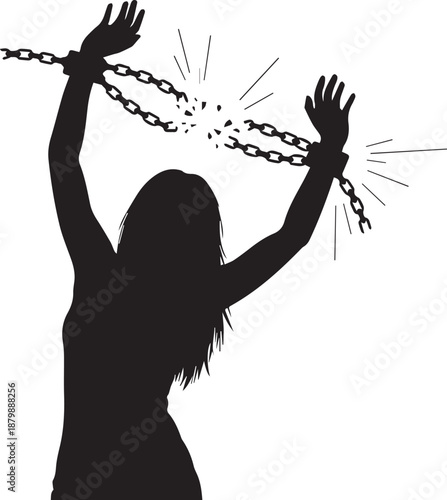 Silhouette of a woman breaking free from chains with arms raised