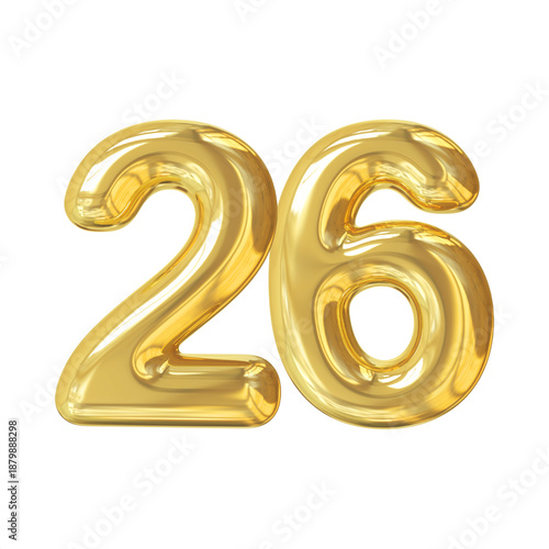 Vibrant Golden Number Twenty-Six Three-Dimensional Rendered Design Isolated on a Pure White Background, Ideal for Anniversaries, Birthdays, or Milestones Marking 26 Years or Achievements