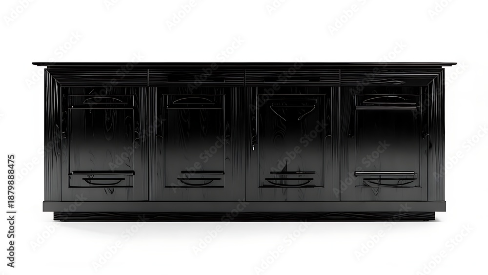 Fototapeta premium Glossy, black, wooden cabinet with four doors, ornate paneling, and a dark, reflective finish on a white background
