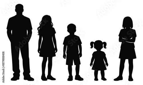 Black silhouette people set featuring a man, a woman, a boy, and two girls for family and population concepts