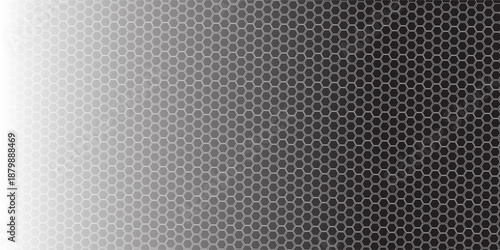 Dark grey abstract wide horizontal banner with hexagon carbon fiber grid and orange luminous lines. Technology vector background with orange neon lines