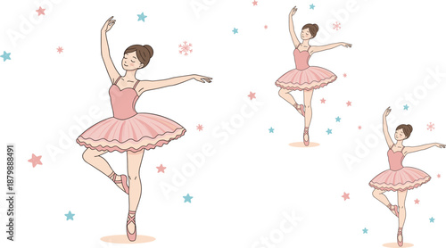 Elegant ballerina dancer characters performing ballet poses in pink tutu dresses flat vector illustration set