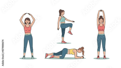 Collection of women performing different fitness exercises stretching, high knees, plank, and arm raises