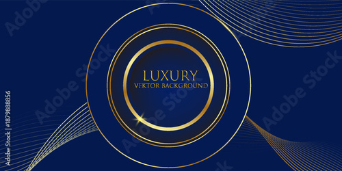 3D blue luxury abstract background overlap layer on dark space with golden circles lines decoration. Modern graphic design element cutout style concept for web banner, flyer, card, or brochure cover