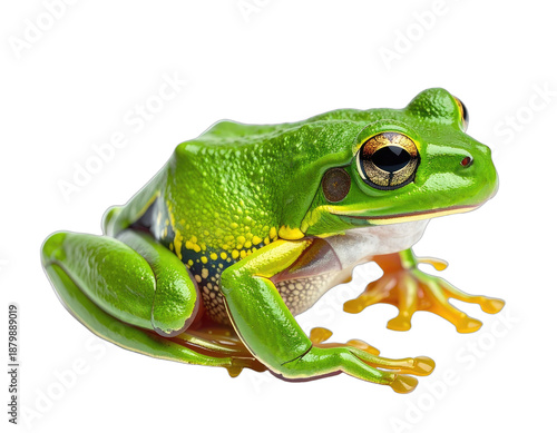 Vivid green frog with yellow markings, big golden eyes, and a bright orange underbelly