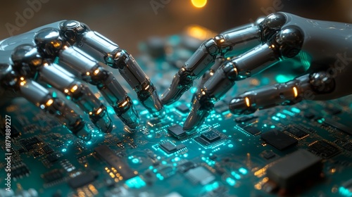 Robotic arms interact delicately with a microchip, illustrating progress and innovation, which is suitable for a technical background on websites about high technology and automation.