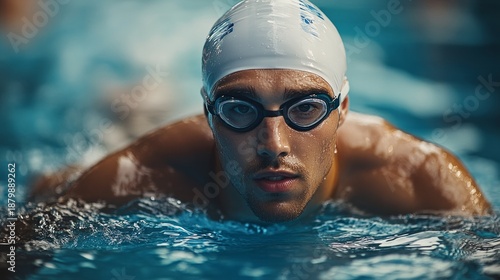 An athlete in a swimming pool wearing goggles and a cap is focused on achieving results, embodying willpower — an excellent motivational backdrop 