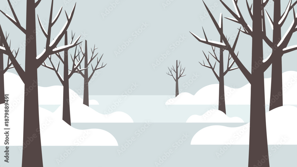 Obraz premium A serene winter landscape with snow-covered trees and a frosty ground, evoking a sense of peaceful cold nature in a calm environment