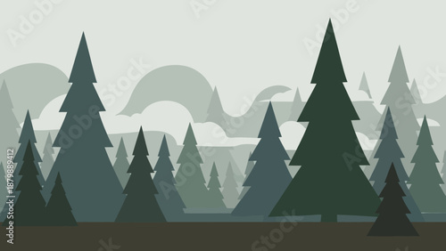 Stylized Silhouettes of Evergreen Trees in a Misty Forest Landscape, Evoking a Sense of Calm and Natural Serenity