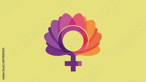 Feminist symbol of female power and diversity represented by a blooming flower with vibrant gradient colors on a pastel yellow background