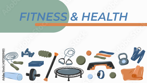Fitness and health web banner with sports equipment set. Modern flat illustration for gym websites, wellness services, fitness marketing and landing page design.
