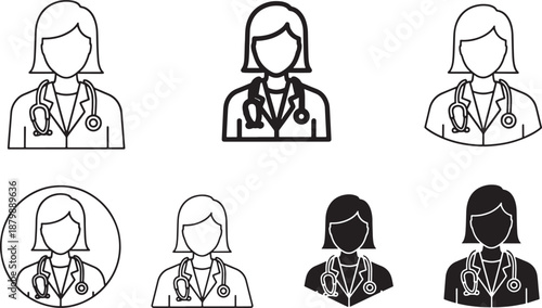 Diverse set of line art and silhouette icons representing a female medical professional Vector