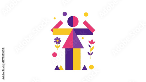 Abstract geometric human figure with floral elements, symbolizing growth, diversity, and self-expression in a vibrant, modern design